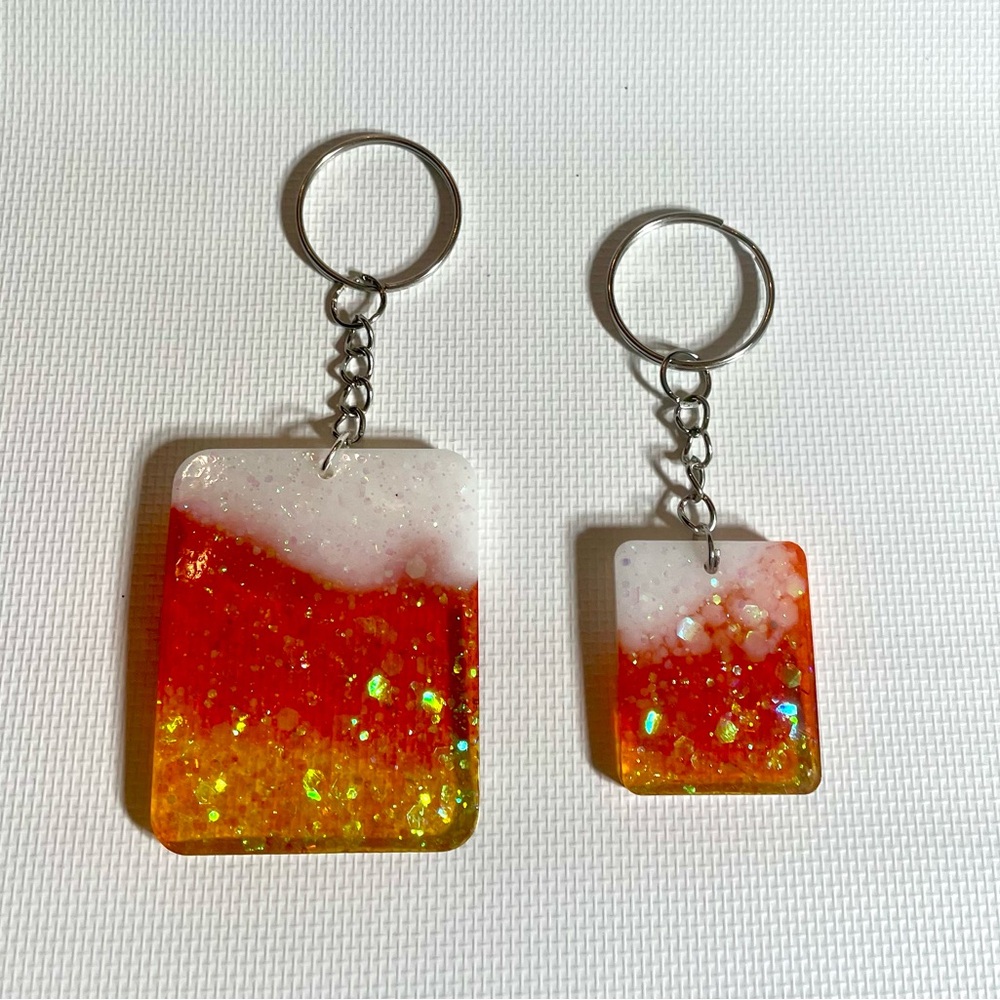 Hand Crafted Resin Yellow Orange and White Glitter Keychain Set of 2